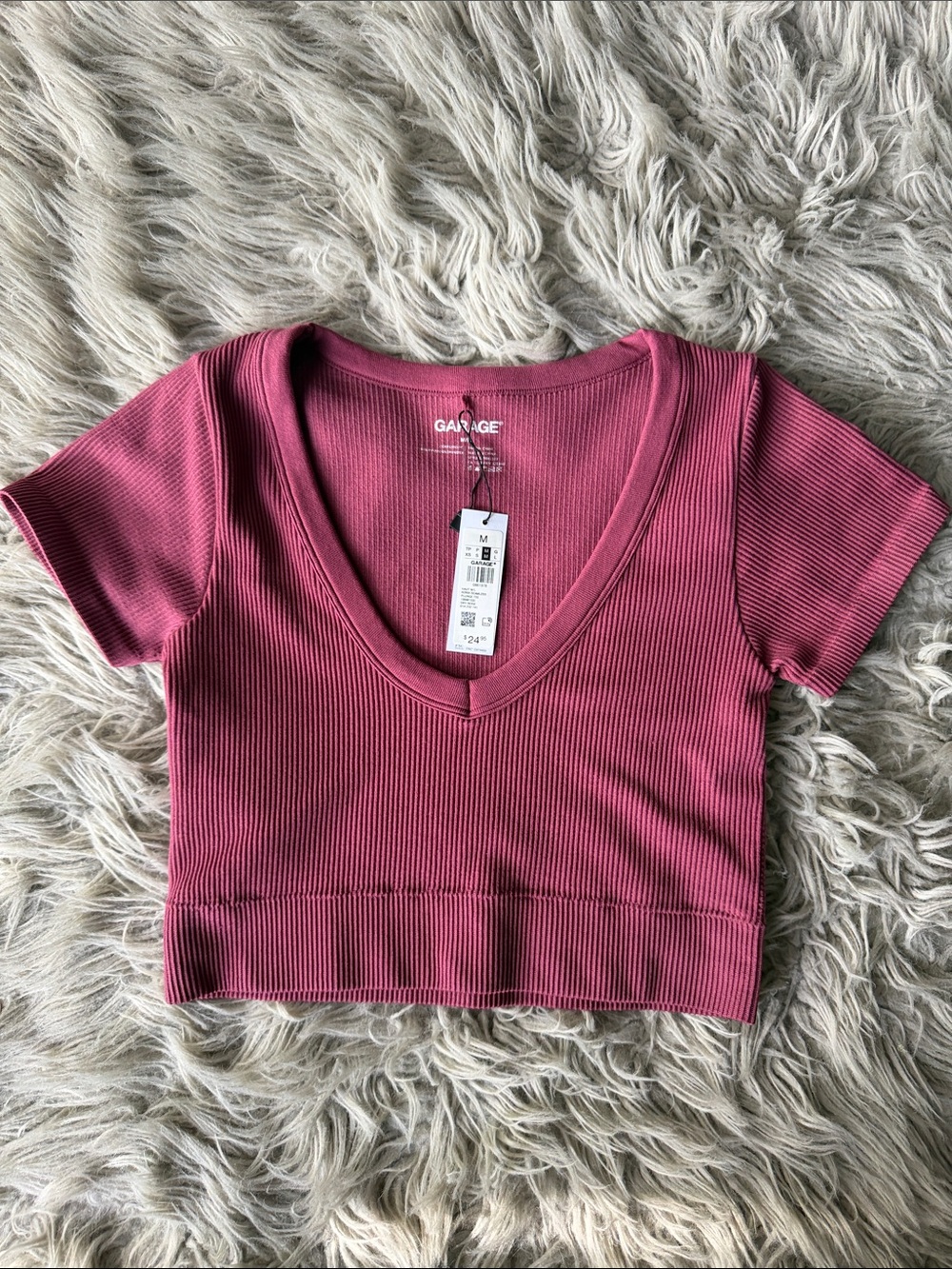 Garage Sonia Seamless Plunge Tee Ribbed V-Neck Crop Top - Mauve Color
